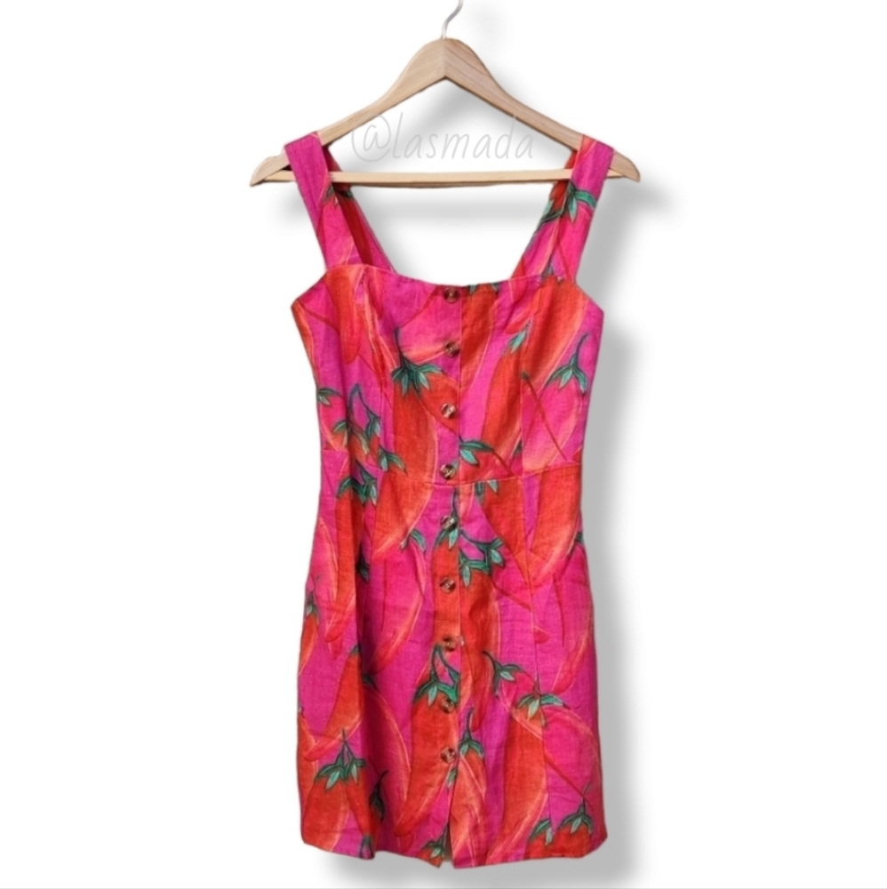 FARM Rio Anthro Apimenta Red Pepper Linen Mini Dress XS Tropical Vacation Bright